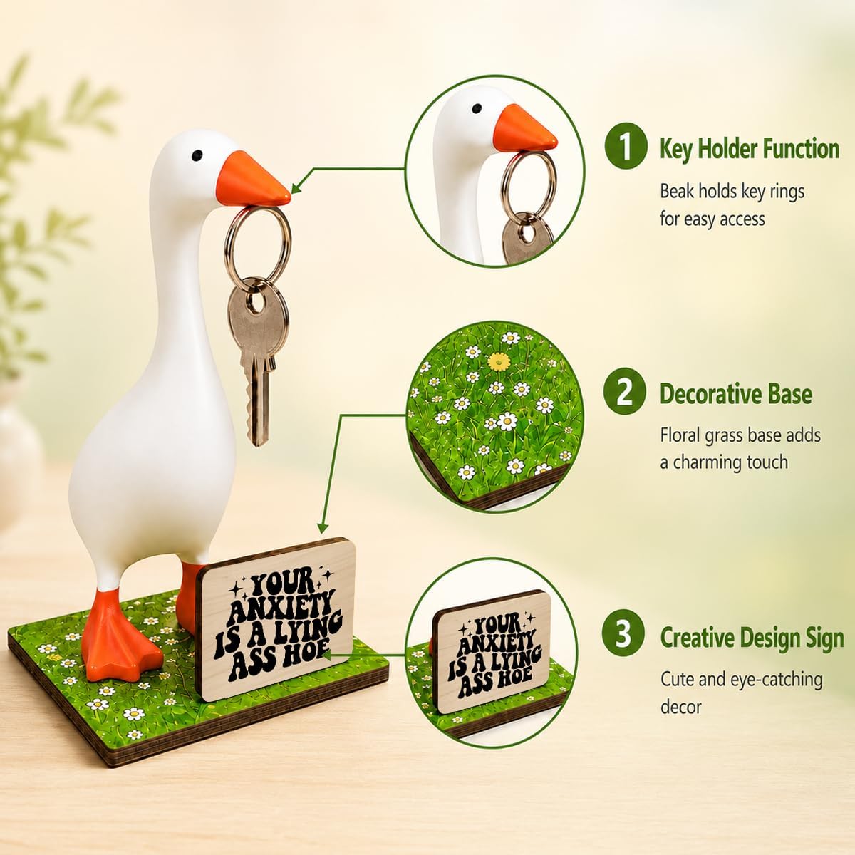 SUSZDOU Office Decor, Magnetic Key Goose Holder-Your Anxiety is A Lying Hoe Sign, Funny Gifts for Coworker, Cute Goose Decor with Wooden Base for Home, Office, Shelf, Table