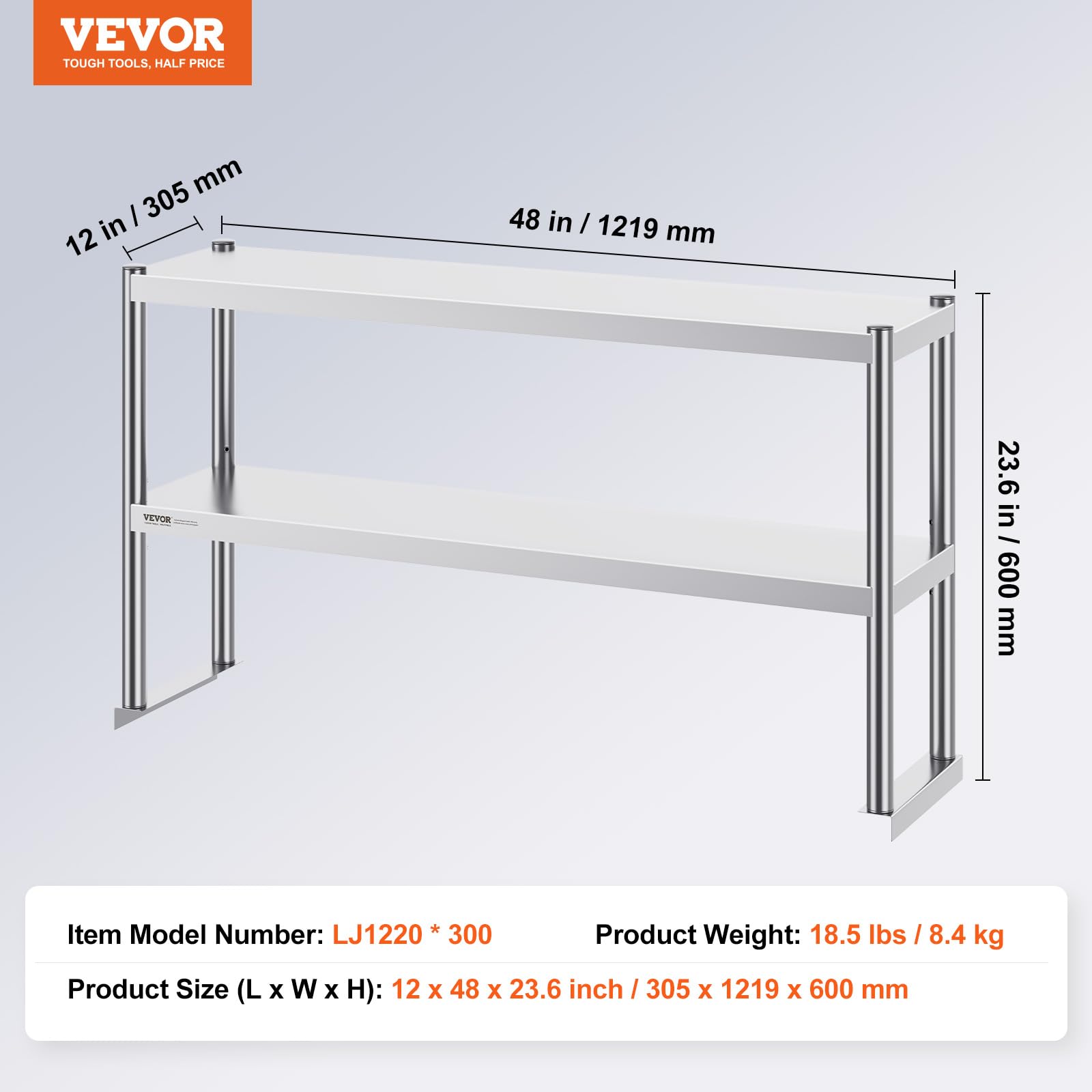 VEVOR Estante Superior de Doble Nivel de Acero Inoxidable 305x1219x600 mm Mesa de Preparación de Estante Ajustable en Altura para Cocina, Restaurante, Taller