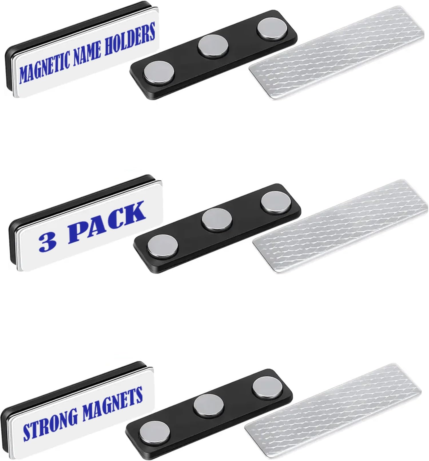 Magnetic Badge Holder 3 Pack for Classroom Students, Office Workers - Reusable Strong ID Badges with 3M Adhesive Backing for Clothes, Uniforms, Shirts - Magnet Name Tags - Name Tag Back Plates, 3 Sets