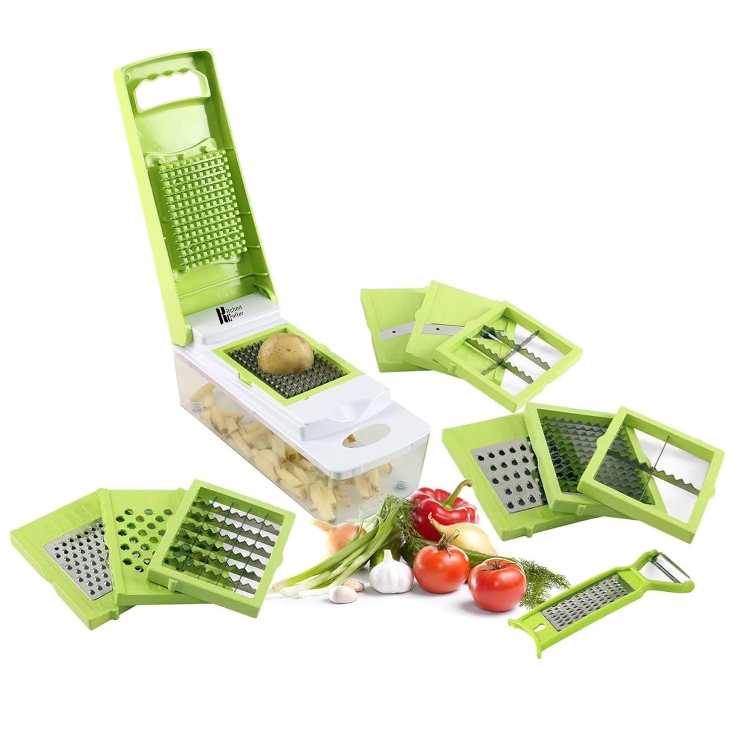 13 in 1 Multipurpose Vegetable Chopper for Kitchen & Fruit Cutters, Grater, Peeler & Chipser, Unbreakable Food Grade Body, Easy Push to Clean Button Slicer Dicer, Chopper for Kitchen-image-2