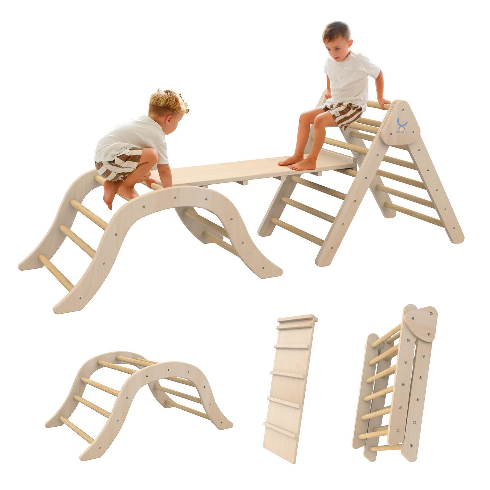 XIHAToyPikler Triangle with Ramp Climbing Triangle for Kids Climbing Toys Set 3 in 1 Wooden Montessori Set Arch Climber Rocker Structure Indoor Play Equipment for Toddlers