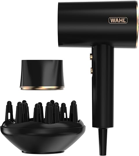 WAHL Ionic Flow Hairdryer, Asciugatura professionale, senza effetto crespo, potente, leggero, getto freddo, concentrazione del calore, diffusore, velocità elevata, styling, compatto, da viaggio
