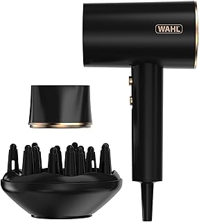 WAHL Ionic Flow Hairdryer, Asciugatura professionale, senza effetto crespo, potente, leggero, getto freddo, concentrazione del calore, diffusore, velocità elevata, styling, compatto, da viaggio