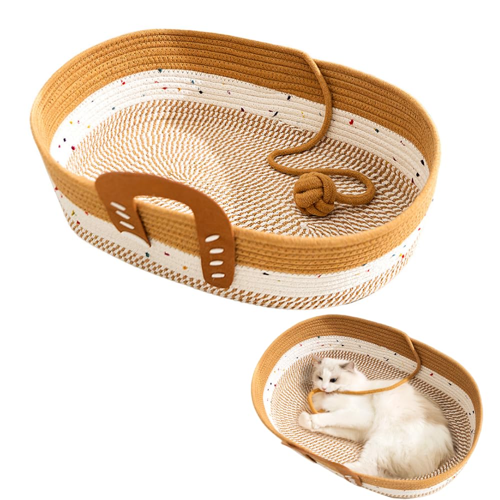 سرير للقطط مصنوع من حبل قطني منسوج يدويا - جيد التهوية وسهل التنظيف، سلة للحيوانات الاليفة قابلة للطي والخدوش، مع كرة لعب للقطط، بني (بني)