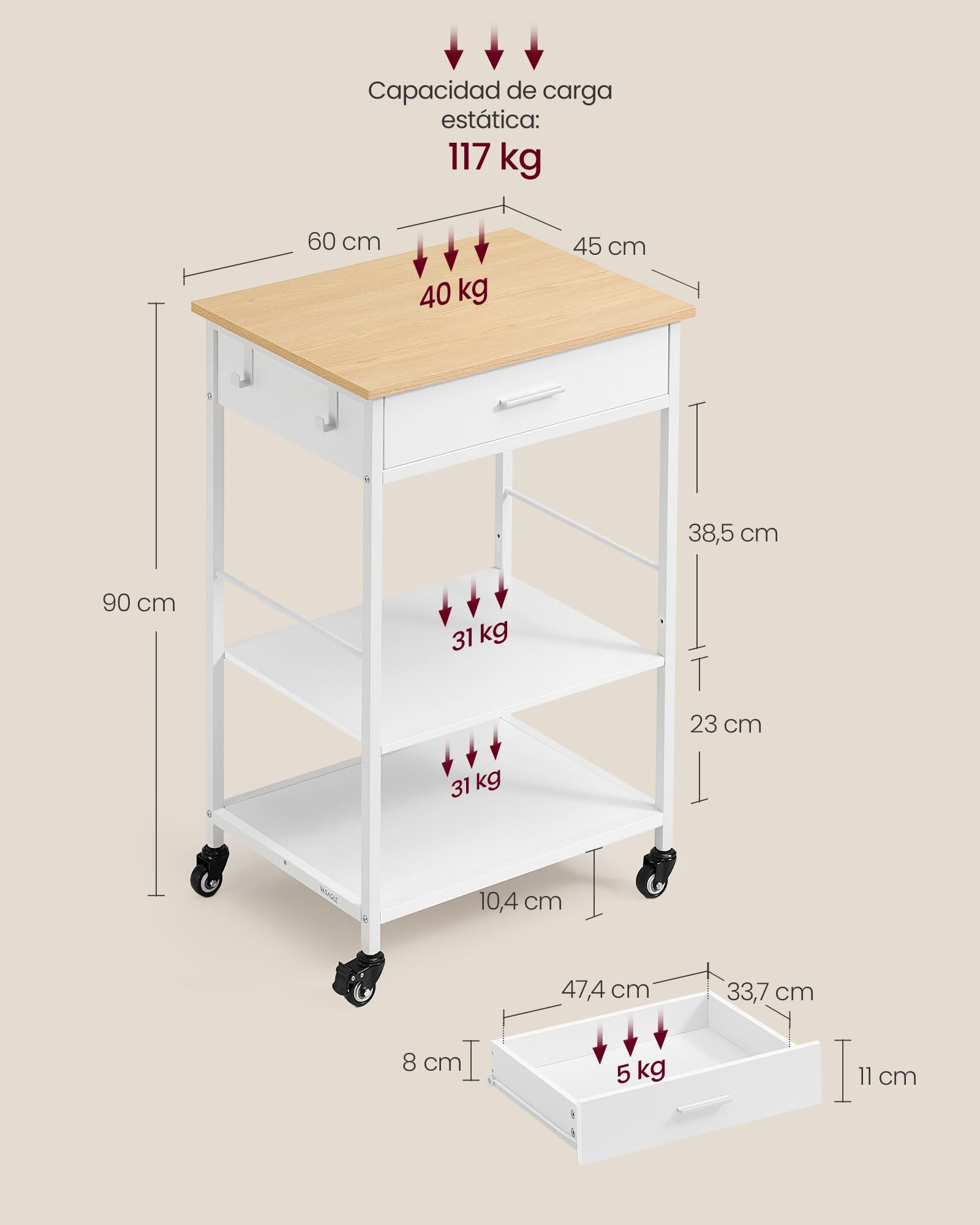 VASAGLE Carrito de Cocina con Ruedas, Isla de Cocina Móvil, 45 x 60 x 90 cm, con Cajón, 2 Ganchos, para Comedor, Beige Rbole y Blanco Mate KKI007Y01
