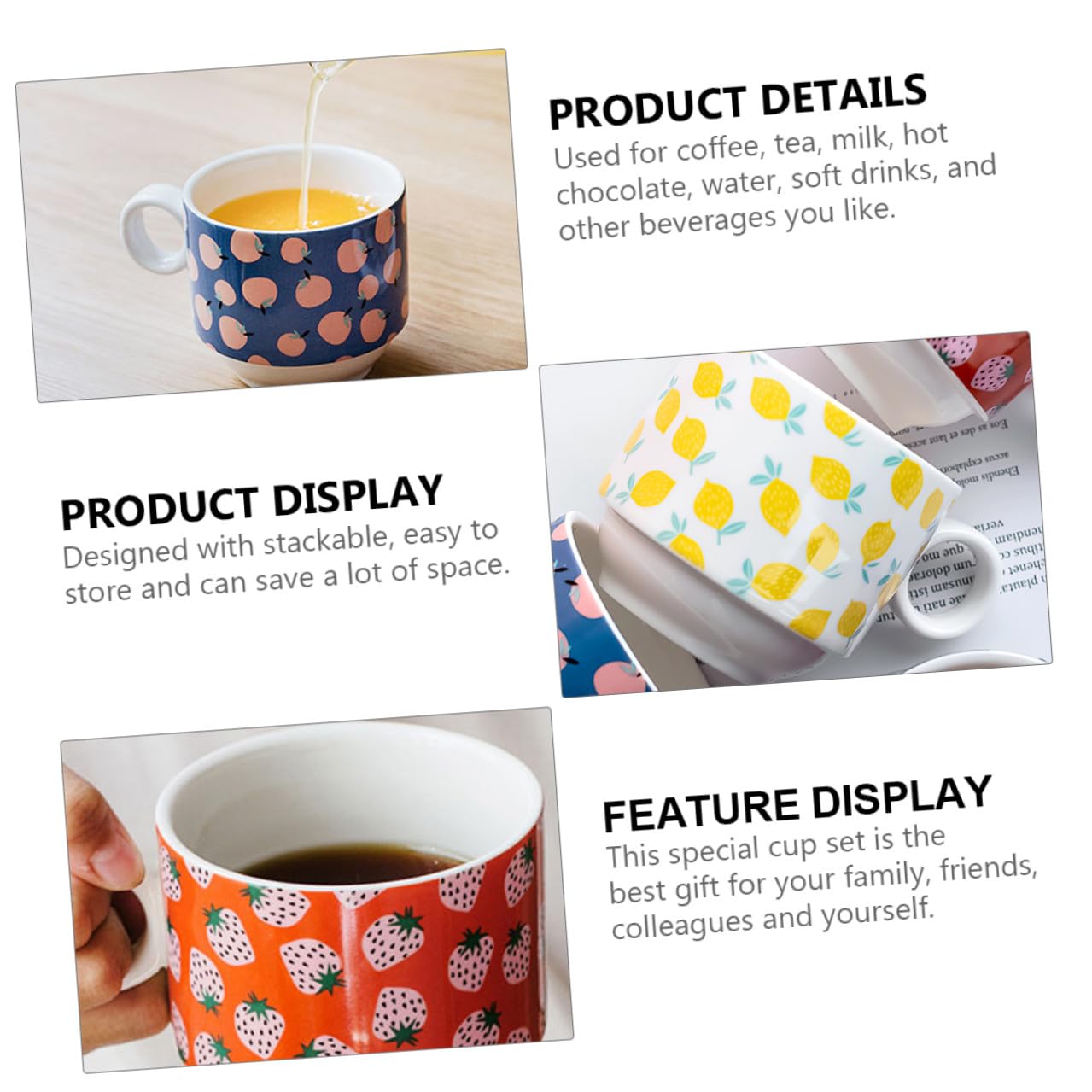 jojofuny Set 4 Tazze in Ceramica Impilabili da 200 Ml Supporto Porta Tazze Salvaspazio per Cucina Casa Ufficio e Bar