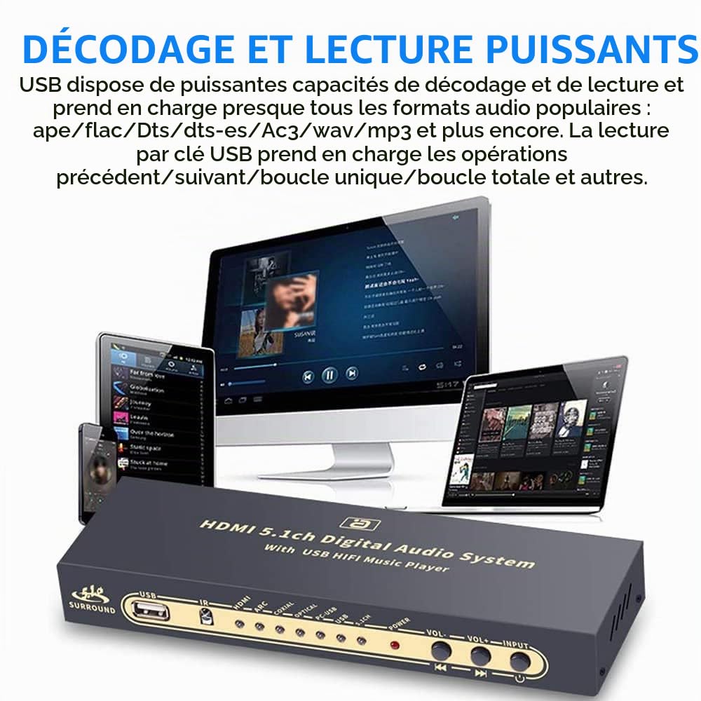 Décodeur Audio 5.1 DTS Dolby avec U-Disk HDMI Bluetooth 5.0, Fibre Optique ARC Coaxial, DAC DTS AC3 FLAC APE 4K/2K Convertisseur SPDIF ARC