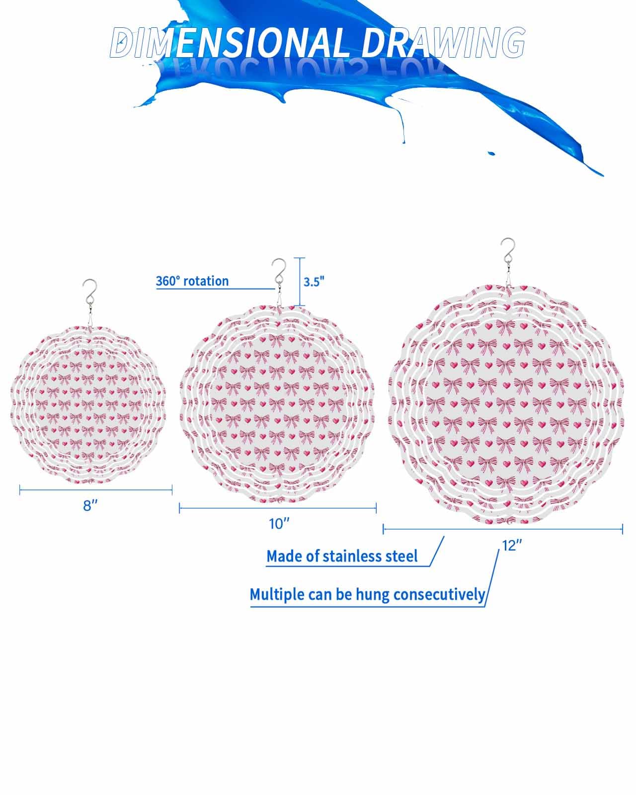 Sweet Wind Spinners, Pink Love Heart Bow Hanging Wind Spinners for Yard and Garden 3D Stainless Steel Metal Sculptures Crafts Ornaments 12 Inch