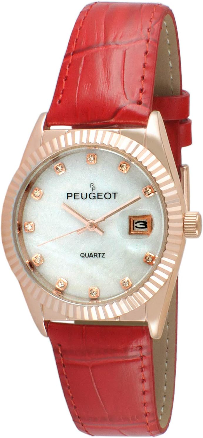 Peugeot Women's Dress Quartz Watch with Coin Edge Bezel, Date Window & Leather Band