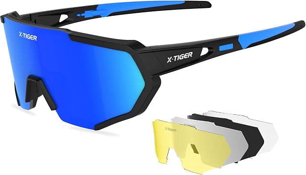 X-TIGER Polarized Sports Sunglasses with 5 Interchangeable Lenses,Mens Womens Cycling Bike Glasses,Baseball Running Fishing
