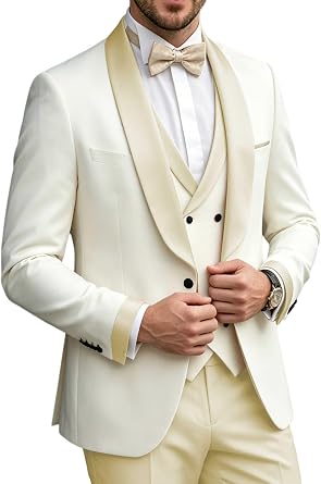 Mens Tuxedo Suit 3 Piece Satin Shawl Lapel Slim Fit Suits Blazer Vest Pants for Formal Wedding Prom