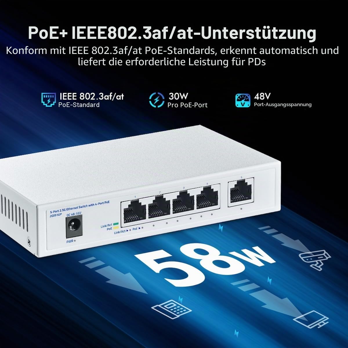 5-Port-2,5-Gigabit-PoE-Switch, 4 x 2,5G-PoE+-Ports + 1 x 2,5G-Uplink, YuLinca 2500 Mbit/s Unmanaged Desktop Switch, IEEE 802.3bz/at/af-konform, Auto MDI/MDIX, Plug & Play