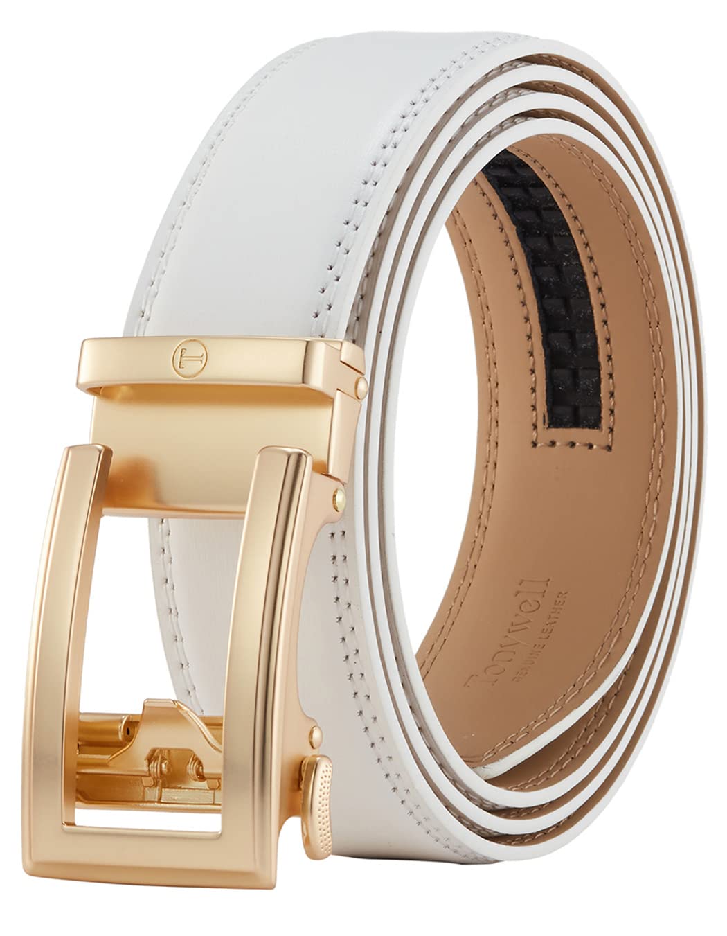 Ratchet Belts for Men, Mens Belt 32" to 45" Waist Adjustable, 1 3/8" Wide Genuine Leather, White Belt Gold Buckle Men, 32"-45" Waist