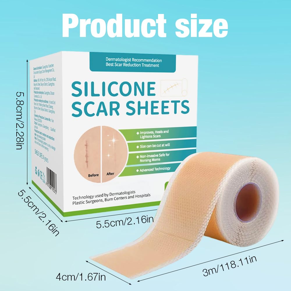 Mineup Pansement Silicone Cicatrice, 4cm x 150m Feuilles de Cicatrice en Silicone, Bande Silicone Cicatrice Réutilisables, imperméable pour cicatrices chirurgicales, chéloïdes, acné et brûlures