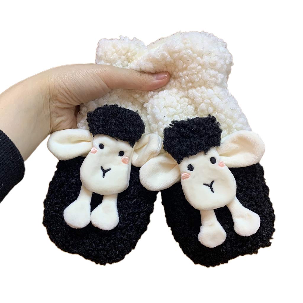 Winter Faux Fleece Gloves Cartoon Sheep Animal Plush Lined Mittens With String