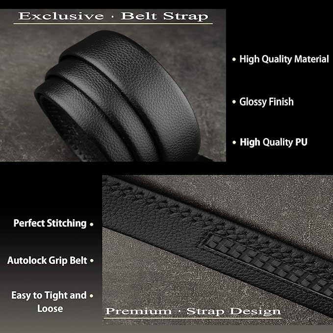 Image of MARETTO Black Leather Belt for Men with Automatic Ratchet Buckle | Adjustable Formal & Casual Belt for Men | Stylish Full Black Waist Belt for Office, Jeans & Trousers