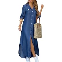 OMZIN Womens Shirts Long Dresses Button Down Vintage Printed Lapel Dress Roll up Long Sleeve Dress