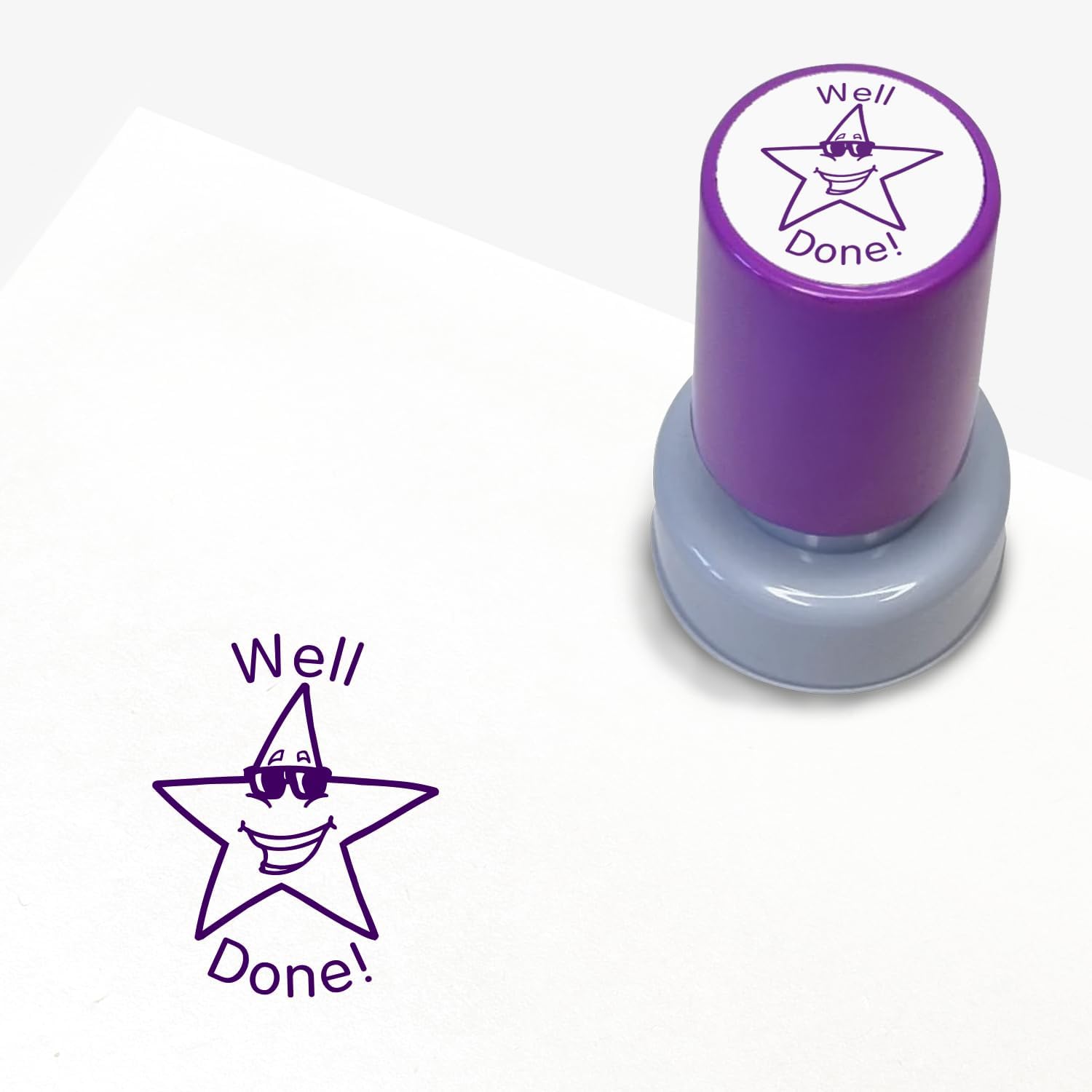 Well Done Star with Sunglasses Pre Inked School Teachers Marking Stamper Stamp 20mm Primary Teaching Services (Purple)