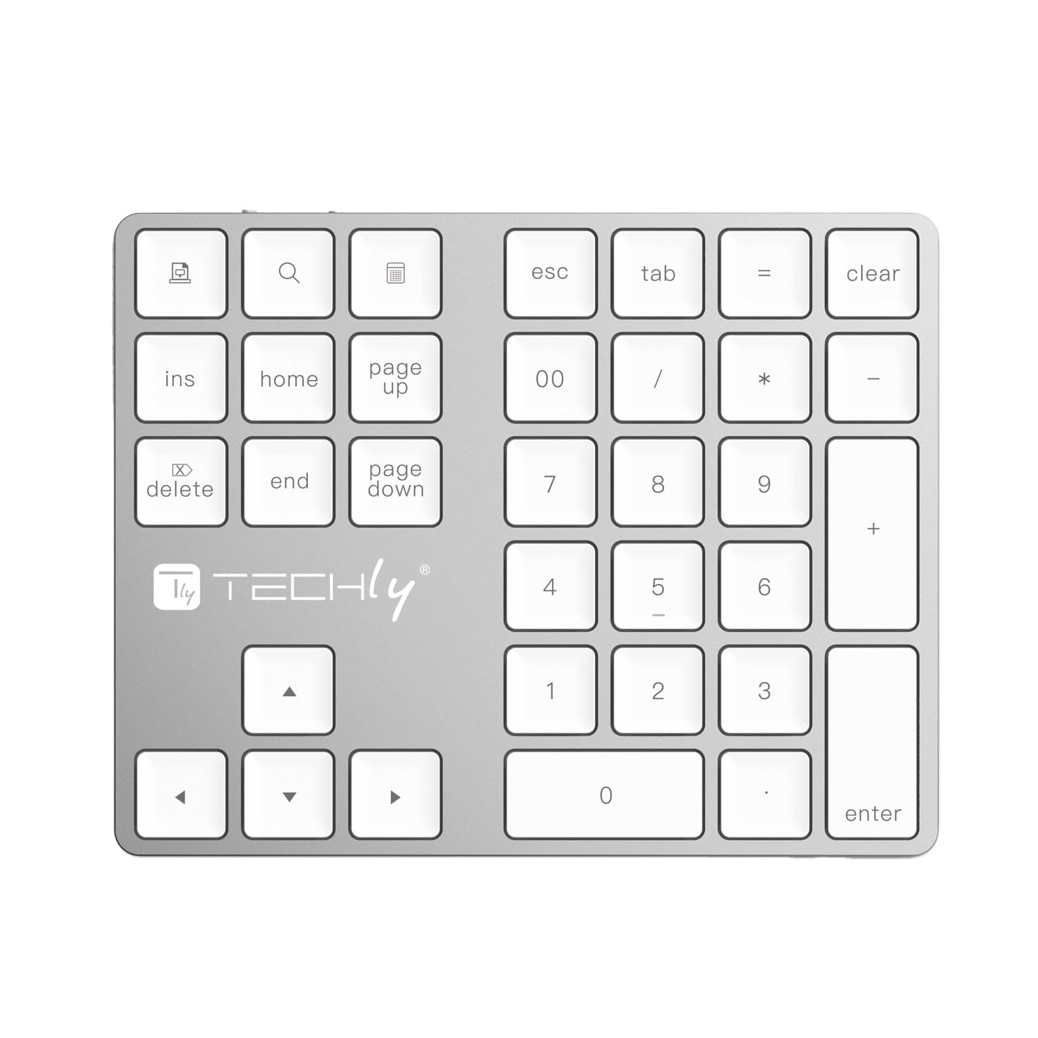 Techly 622694 - Teclado numérico BT V3.0 inalámbrico de 34 teclas, plateado, gris, plateado