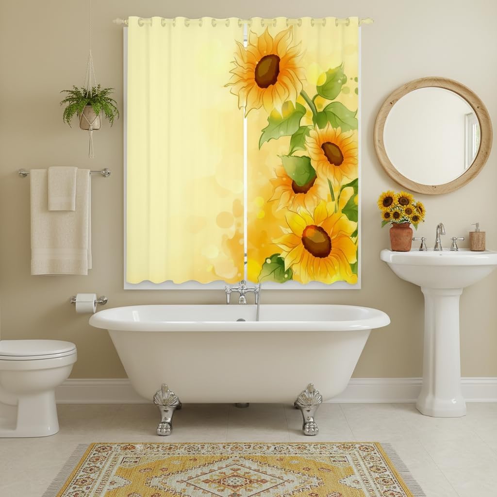 Sunflower Blackout Curtains Yellow Sunflowers Painting Kids Girls Window Curtains Plant Floral Living Room Bedroom Kitchen Blackout Curtains Natural Garden Bloom Theme Window Drapes, 76"X54"