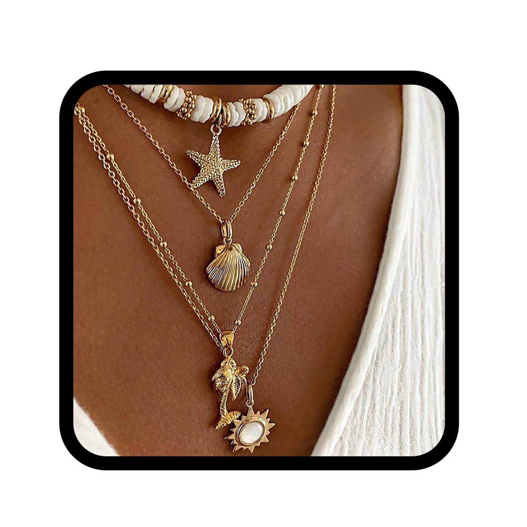 Fashband Collar bohemio multicapa con colgante de perlas doradas, accesorios para la playa y el verano, Oro