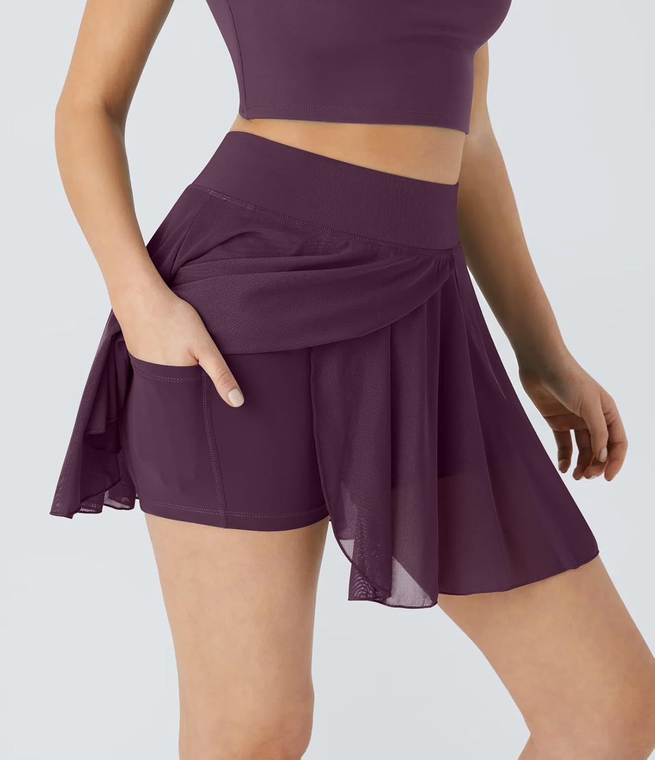 OOQ Women Skirts 2 Pack 2 in 1 Flowy Mesh High-Waisted Basic Versatile Casual Mini Flare Skirt with Pockets - Image 5