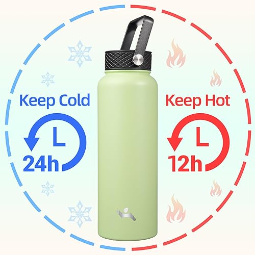 Vista 2 de Botella de agua con aislamiento térmico de 40 onzas, botellas deportivas de acero inoxidable con 3 tapas, color verde macarrón verde (Macaron Green)