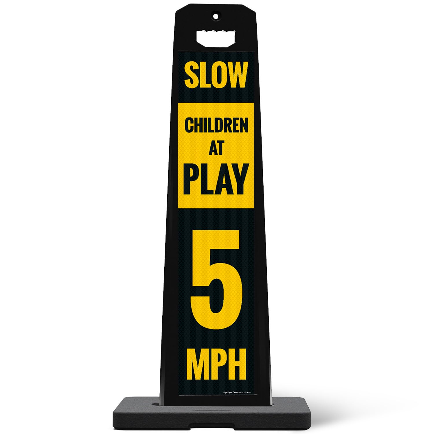 Slow Children at Play 5 Mph Vertical Panel Sign Kit, Double Sided 3M Engineer Grade Reflective, with 20 lbs Black Portable Rubber Base, Impact