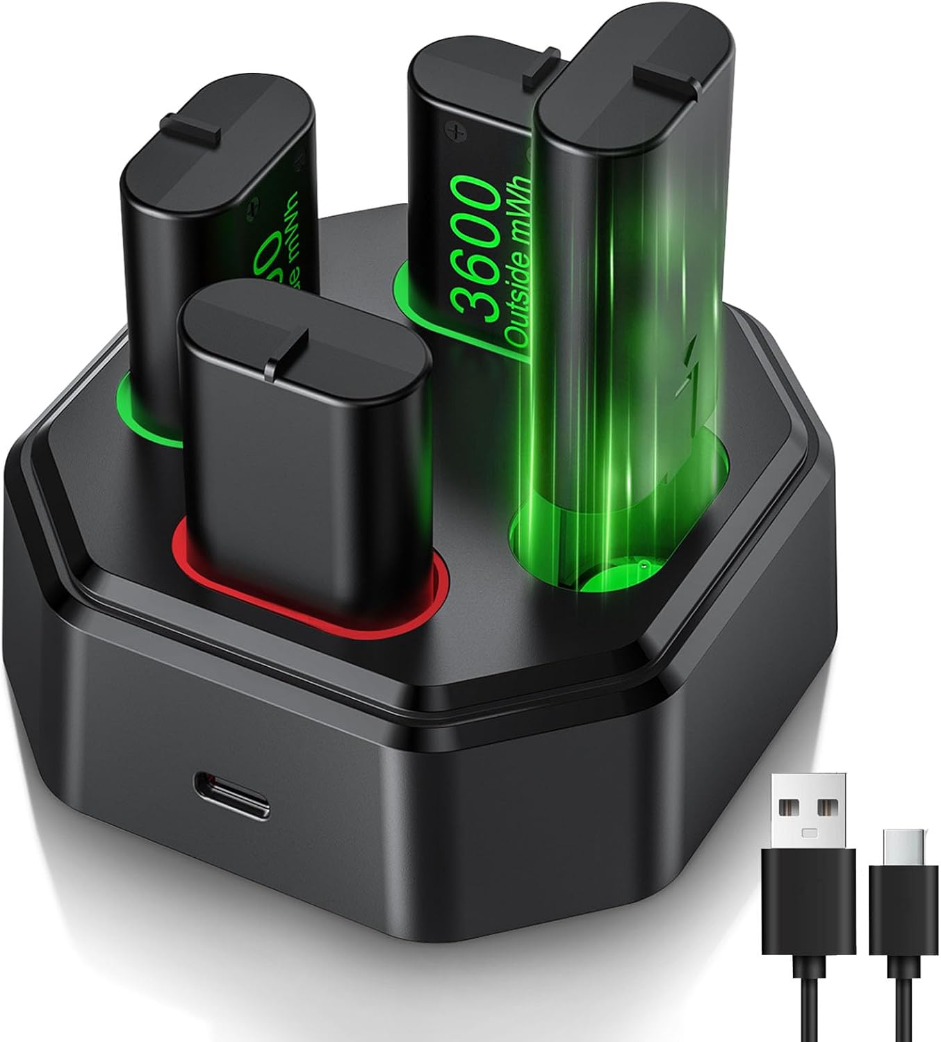 Rechargeable Battery Pack for Xbox One Controller Charger with Upgraded Version 4x3600mWh Batteries, Compatible with Xbox Series X/S, Xbox One S/X/Elite, Witch Fast Charging Station, Type-C Cable