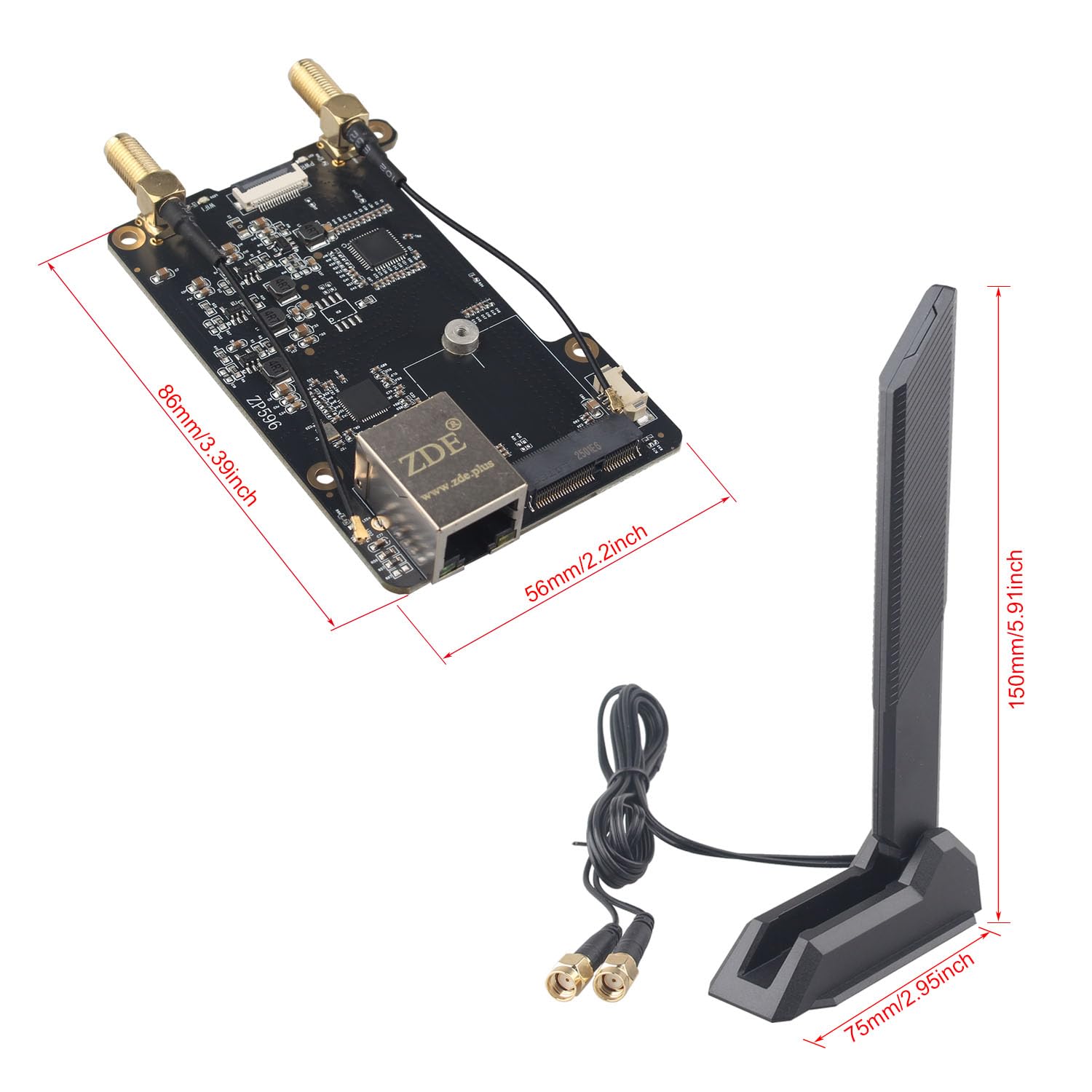 ZDE ZP596C PCIe to M.2 E Key HAT Magnetic Base Antenna WiFi7 6 6E 5 PCIe to 2.5G Ethernet Network Port HAT for Raspberry Pi 5 Support Google TPU WiFi 7 BE200 WIFI6E AX210 MT7922 WIFI6 AX200