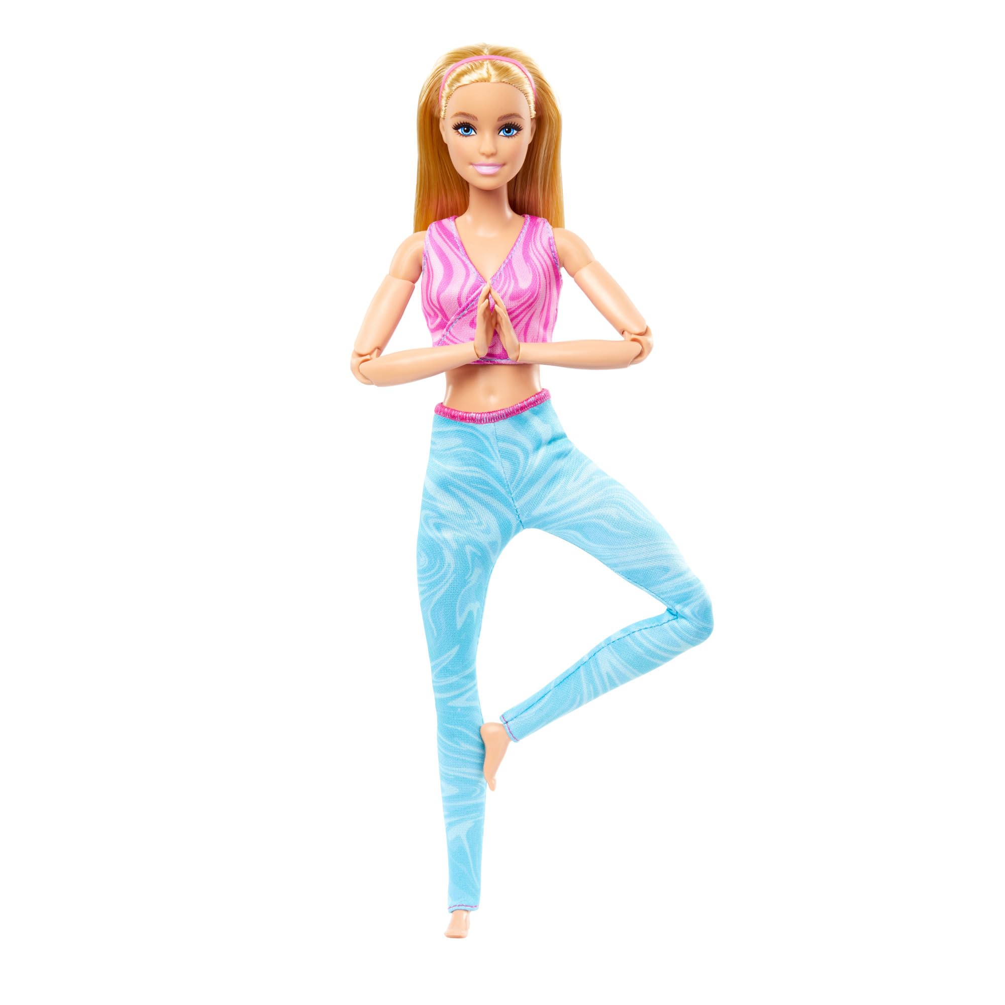 Barbie Made to Move Fashion Doll with Blonde Hair Wearing Removable Pink Sports Top & Blue Yoga Pants, 22 Bendable “Joints”, HRH27