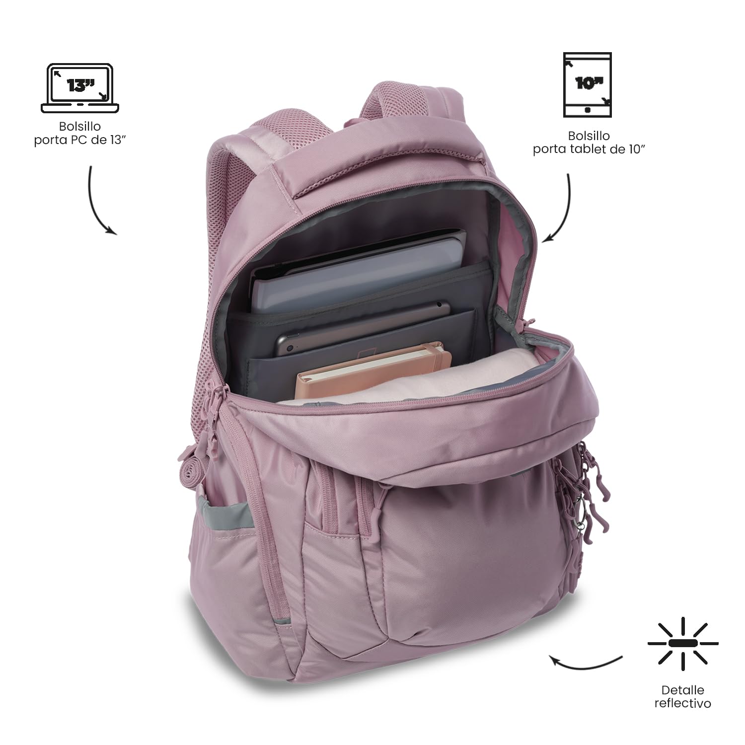 TOTTO - Mochila para Ordenador Portátil 13 Pulgadas, Modelo Eufrates 2.0, Compartimento Tablet 10", Cremallera con Argollas para Candado, Bolsillos Botella, Espaldar Ergonómico, Color Zephyr