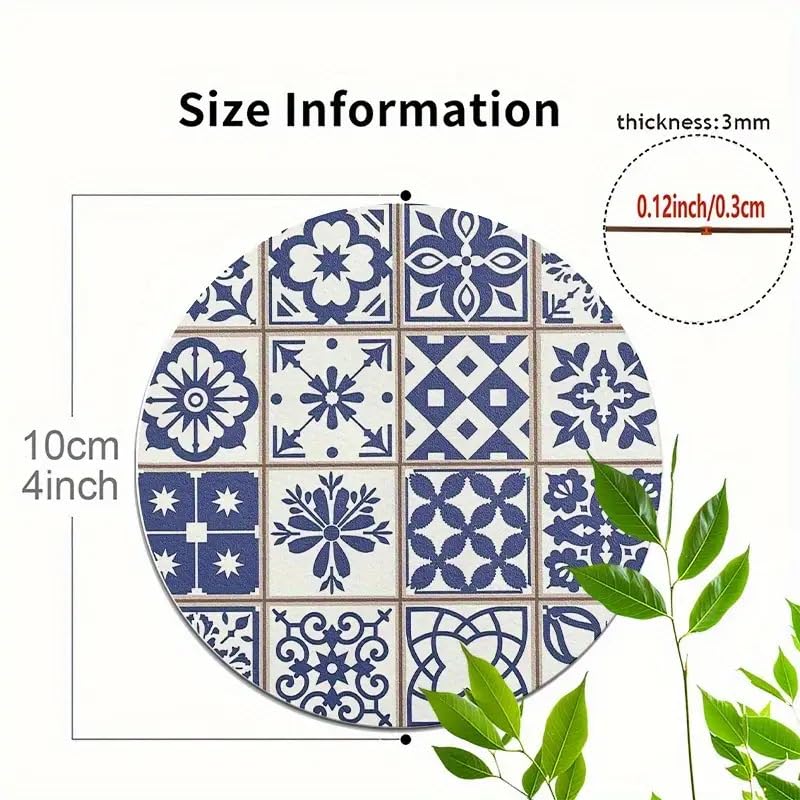 Image of 6 Round Wooden Coasters- Blue Portuguese Tile Style Design Suitable Various Cups Protect Tabletop Anti-Scald Anti-Slip Coffee Table Decoration Home Warm House,