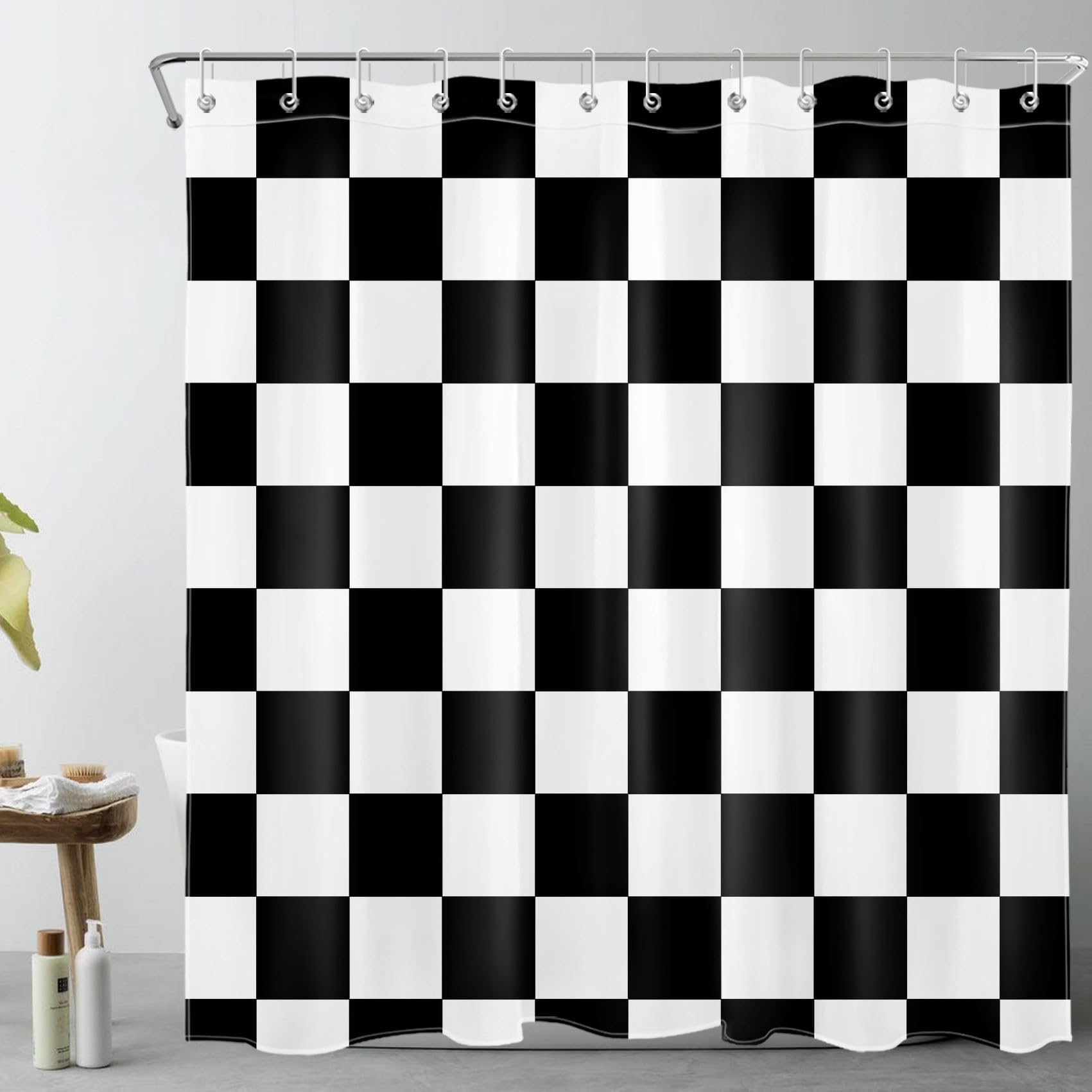 LB Black and White Plaid Shower Curtain Simple Geometric Shower Curtains for Bathroom Modern Checked Art Decor Polyester Anti Mould Waterproof Extra Long Bath Curtain Set with Hooks,78Lx71W inches