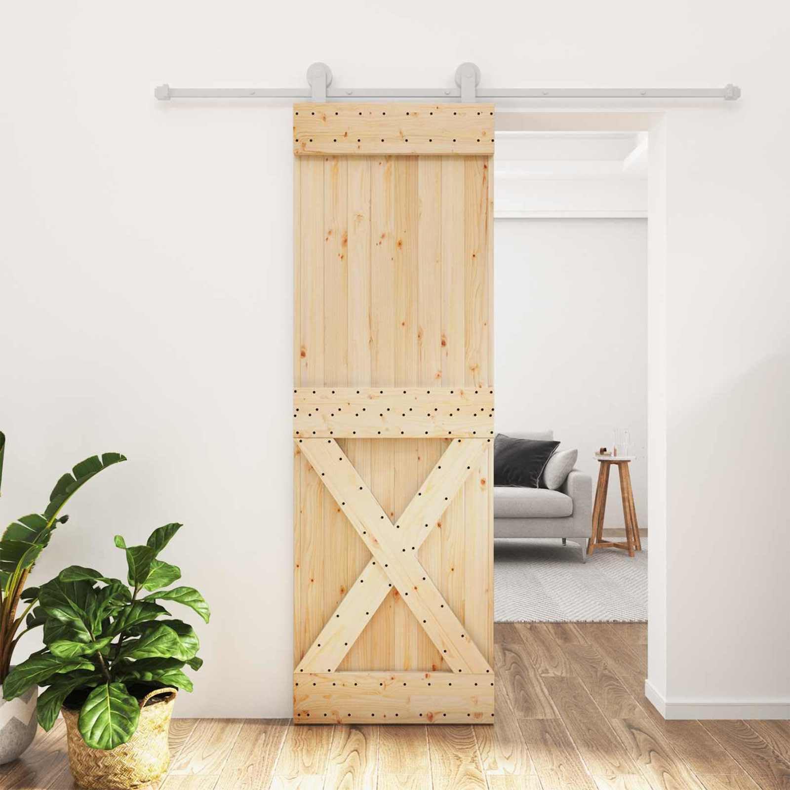 Porta scorrevole naturale e bianca, 70 x 210 cm | Legno di pino massiccio, guida in acciaio, scorrimento superiore morbido, salvaspazio
