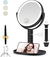 Vista 12 de Espejo de maquillaje con luces, espejo de aumento de doble cara 1x/20x con luz, recargable de 3 luces de color y brillo ajustable, rotación de 360°