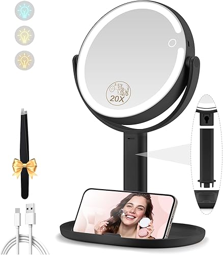 Vista 10 de Espejo de maquillaje con luces, espejo de aumento de doble cara 1x/20x con luz, recargable de 3 luces de color y brillo ajustable, rotación de 360°
