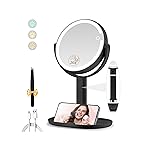 MOMOKUBA Makeup Mirror with Lights, Double Sided 1x/20x Magnifying Mirror with Light, Rechargeable 3 Color Lights and Adjustable Brightness, 360 Rotation Detachable Comes with Tweezer(Black)