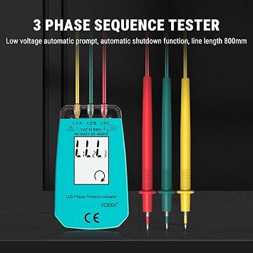 3 Phase Rotation Meter, 40-600V Phase Sequence Tester Detector Meter with LCD Display, Low Voltage Automatic Reminder, Fault Finder for Motor Installation and Maintenance