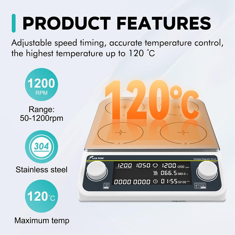 Mieszadło Magnetyczne | Płyta Grzewcza Mieszadła Magnetycznego (Maks.: 120°c) | Prędkość: 50–1200 Obr./Min | Czas: 1 Min – 19 Godz. 59 Min | Maksymalna Wydajność Mieszania: 4/6 X 500 Ml 4