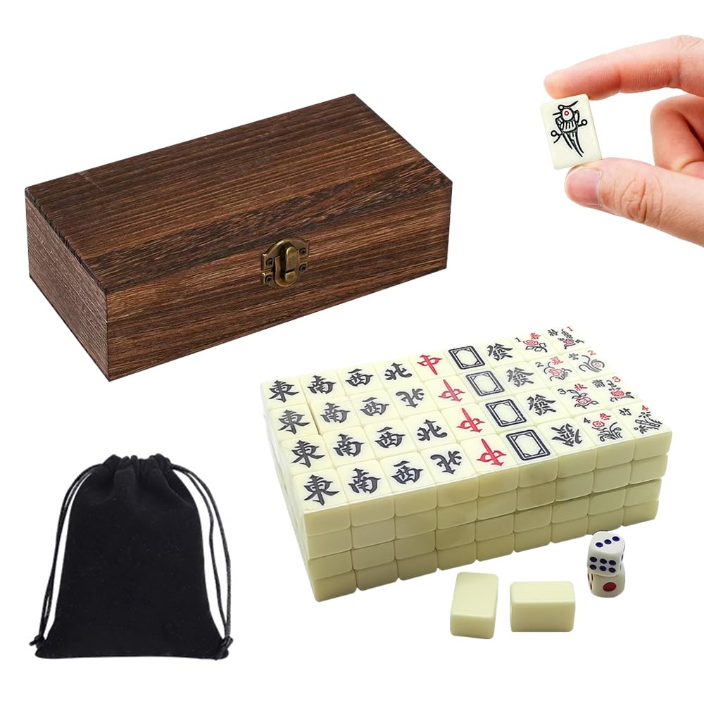 Mini Mahjong Set, 144 Stück Portable Traditionelles Chinesisches Majong Set, Mahjong Steine mit Edler Holzkiste, Traditionelles MahjongSpielset, Für Party Tischspiele für Erwachsene
