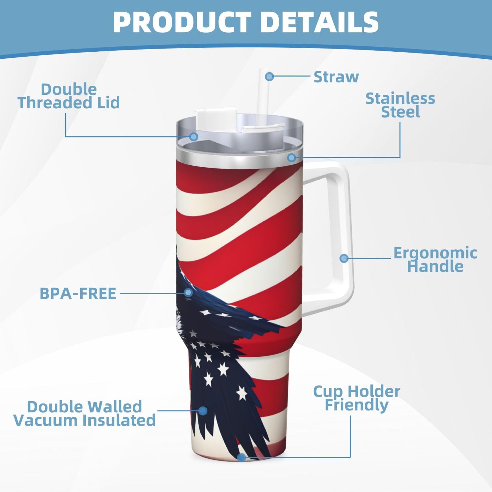 Trinkflasche mit amerikanischer Flagge, Edelstahl, doppelwandig, isoliert, mit Griff und Strohhalm-Deckel, 1,2 l