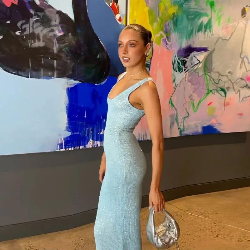 Image of YELLOOP Knit Maxi Dress Long Bodycon Dresses Old Money Elegant Cocktail Long Sweaters Y2k (Blue,Small)