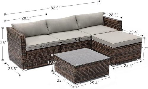 Miniatura 6 de COSIEST Muebles de exterior de 5 piezas para todo tipo de clima, sofá seccional de mimbre marrón con cojines gruesos grises cálidos, mesa de centro