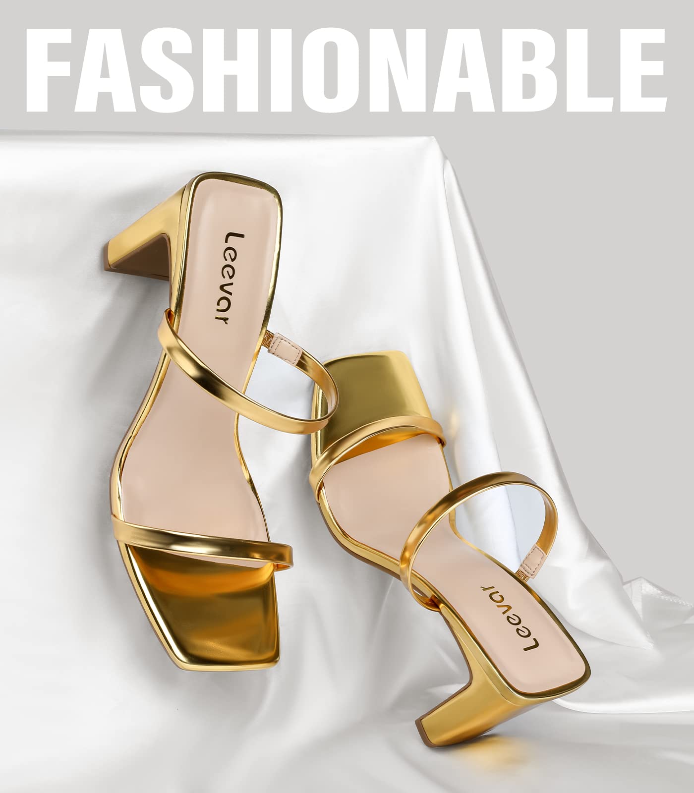 Leevar Square Toe Heels Sandals - White Black Nude Heels Chunky Two Strap Low Heels for Women Leather Mule Sandals Slip On Block Heels for Party Dating Daily Standard Size 2.75 Inch