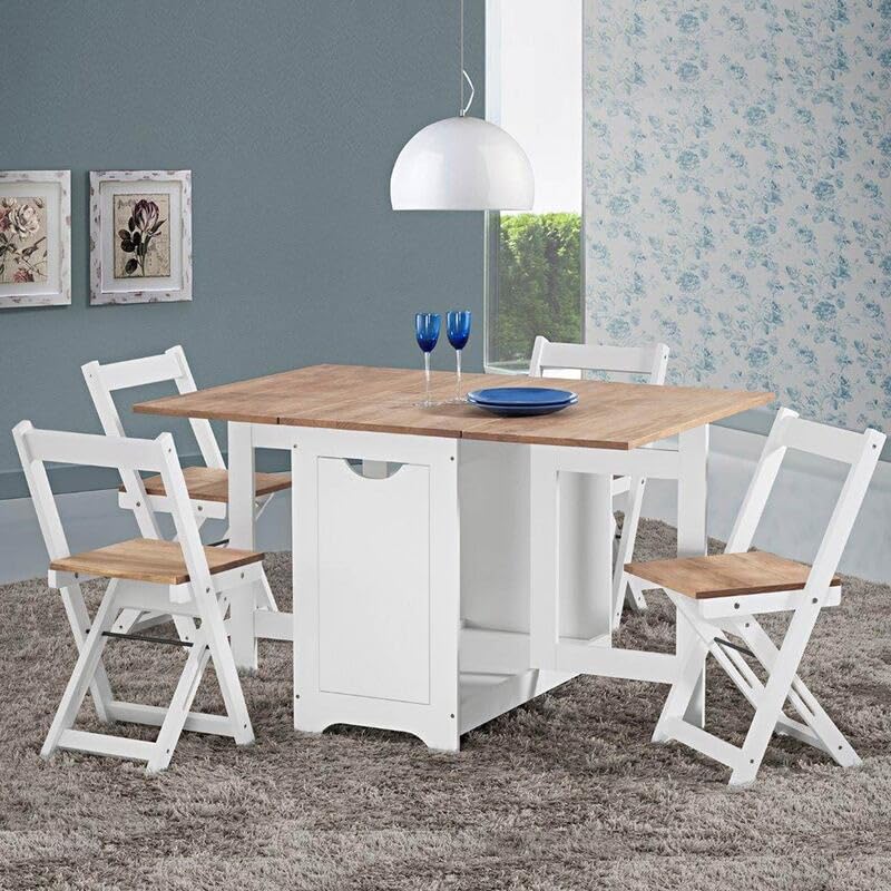 Buyqualia Set de Mesa Plegable con Tapa Color safir y Patas Blancas + 4 sillas Plegables – con alas abatibles y Espacio de almacenaje para Las sillas - 115x95x76 cm