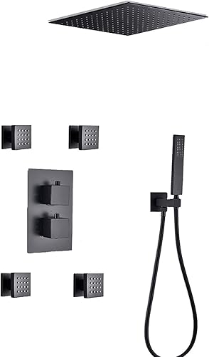 Matte Black Thermostatic Rain Mixer Shower Combo Set Ceiling Mounted Bathroom Shower Faucet Set with Shower Head, Handheld Shower, Body Jets,8 Inches
