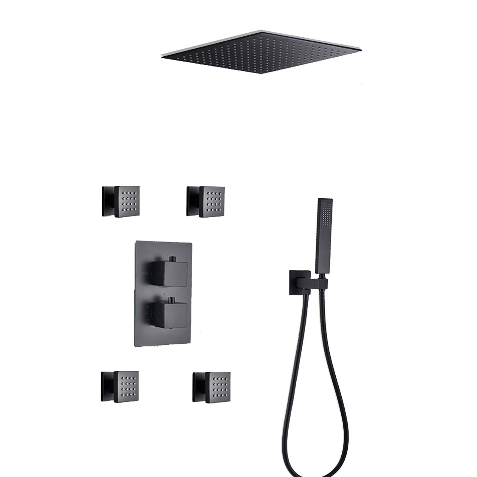 CWCQGH Matte Black Thermostatic Rain Mixer Shower Combo Set Ceiling Mounted Bathroom Shower Faucet Set with Shower Head, Handheld Shower, Body Jets,10 Inches