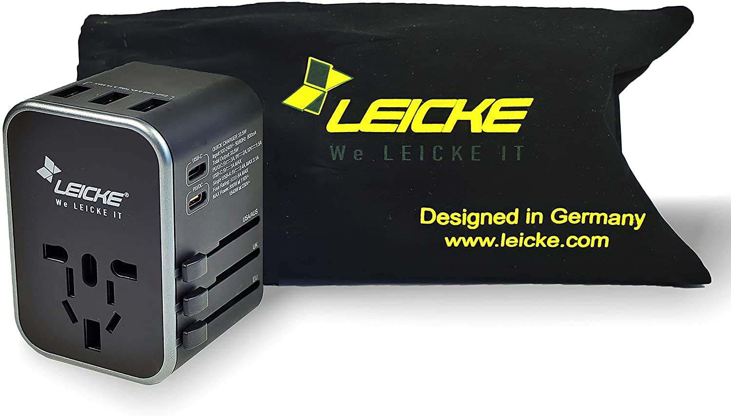 LEICKE Adattatore universale da viaggio,con fusibile di riserva,adattatore da viaggio per 3 connessioni USB A e 2 di tipo C e 1PD/QC e 1 Presa CA per oltre 224 paesi con spine USA/EU/UK/AUS