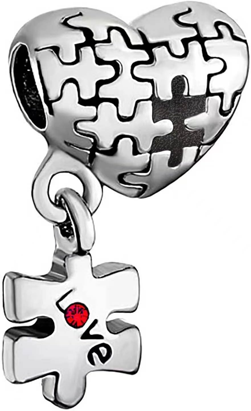 Autism Awareness Jigsaw Puzzle Love Heart Dangle Charm Compatible with Pandora Bracelets Red CZ Support Women Christmas Family Daughter Sister Granddaughter - Image 3